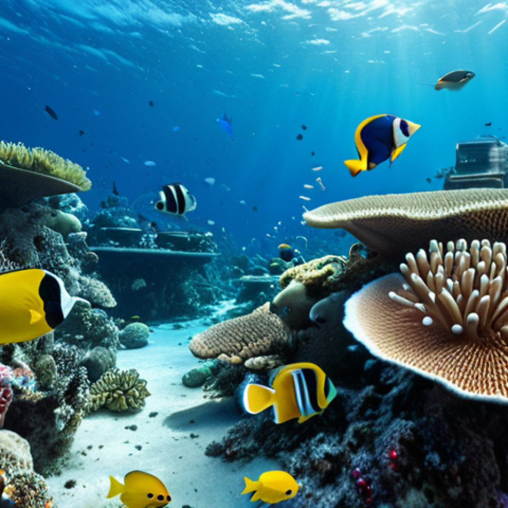 **Underwater sensor network monitoring a coral reef ecosystem, showcasing diverse marine life and the effects of climate change, with a focus on the data collection process.**