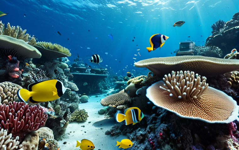 **Underwater sensor network monitoring a coral reef ecosystem, showcasing diverse marine life and the effects of climate change, with a focus on the data collection process.**