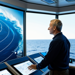 A professional oceanographic engineer, adult, in a modest business casual outfit, fully clothed, stands in a sophisticated marine monitoring control room. The room features multiple large digital screens displaying real-time oceanic data, intricate predictive models, and AI-driven visualizations of wave patterns and currents. Through a large window, a view of a vast, dynamic ocean stretches into the distance under a clear sky. The ambiance is professional, clean, and high-tech, showcasing advanced technology for disaster prevention. Professional photography, high detail, perfect anatomy, correct proportions, natural pose, well-formed hands, proper finger count, natural body proportions, safe for work, appropriate content, fully clothed, professional dress.
