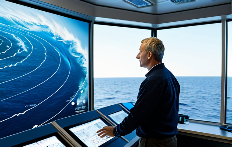 A professional oceanographic engineer, adult, in a modest business casual outfit, fully clothed, stands in a sophisticated marine monitoring control room. The room features multiple large digital screens displaying real-time oceanic data, intricate predictive models, and AI-driven visualizations of wave patterns and currents. Through a large window, a view of a vast, dynamic ocean stretches into the distance under a clear sky. The ambiance is professional, clean, and high-tech, showcasing advanced technology for disaster prevention. Professional photography, high detail, perfect anatomy, correct proportions, natural pose, well-formed hands, proper finger count, natural body proportions, safe for work, appropriate content, fully clothed, professional dress.