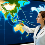 A professional female ocean engineer, fully clothed in a modest business suit, stands in a state-of-the-art oceanographic research center. She is attentively interacting with a large, holographic 3D marine GIS display, showcasing a detailed, vibrant map of underwater topography, overlaid with dynamic data layers representing ocean currents and planned offshore infrastructure. The setting is modern and technologically advanced, with soft ambient lighting. She has perfect anatomy, correct proportions, natural pose, well-formed hands, proper finger count, and natural body proportions. This is a safe for work, appropriate content, and professional image.