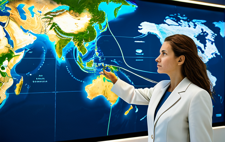 A professional female ocean engineer, fully clothed in a modest business suit, stands in a state-of-the-art oceanographic research center. She is attentively interacting with a large, holographic 3D marine GIS display, showcasing a detailed, vibrant map of underwater topography, overlaid with dynamic data layers representing ocean currents and planned offshore infrastructure. The setting is modern and technologically advanced, with soft ambient lighting. She has perfect anatomy, correct proportions, natural pose, well-formed hands, proper finger count, and natural body proportions. This is a safe for work, appropriate content, and professional image.