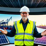 A professional engineer in a modest, modern business suit and safety vest, standing confidently, gesturing towards a large holographic display. The scene is a control room overlooking a bustling, highly automated green port at dawn, featuring electric container cranes, solar panels on warehouses, and electric autonomous vehicles moving containers. The sky is clear, with warm, optimistic lighting. fully clothed, appropriate attire, professional dress, safe for work, appropriate content, professional photography, perfect anatomy, correct proportions, natural pose, well-formed hands, proper finger count, natural body proportions, high resolution, sharp focus, vibrant colors, cinematic lighting, professional quality.