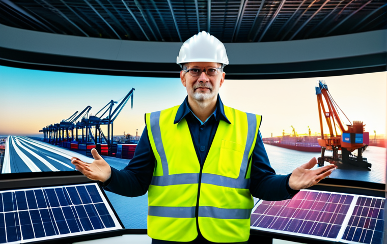 A professional engineer in a modest, modern business suit and safety vest, standing confidently, gesturing towards a large holographic display. The scene is a control room overlooking a bustling, highly automated green port at dawn, featuring electric container cranes, solar panels on warehouses, and electric autonomous vehicles moving containers. The sky is clear, with warm, optimistic lighting. fully clothed, appropriate attire, professional dress, safe for work, appropriate content, professional photography, perfect anatomy, correct proportions, natural pose, well-formed hands, proper finger count, natural body proportions, high resolution, sharp focus, vibrant colors, cinematic lighting, professional quality.