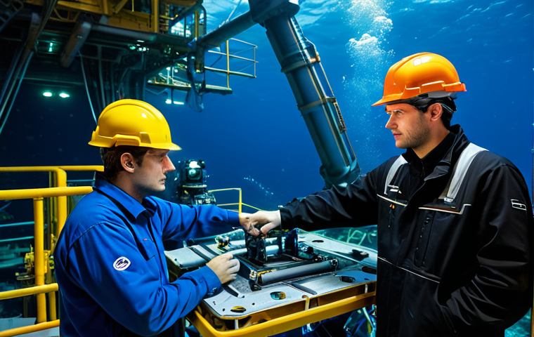 **
"A team of engineers in hard hats and fully clothed professional attire, inspecting a complex subsea oil platform structure using a remotely operated vehicle (ROV) with bright lights, deep underwater environment, perfect anatomy, correct proportions, natural pose, appropriate content, safe for work, professional, modest, high quality, well-formed hands, proper finger count, natural body proportions."
**