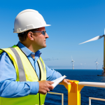 Offshore Wind Farm Engineer**

A professional engineer, fully clothed in appropriate attire (hard hat, safety vest, work boots), inspecting a massive offshore wind turbine during a sunny day. The wind farm is visible in the background, stretching into the distance. Blue skies, clear water, a sense of clean energy and innovation. Perfect anatomy, correct proportions, well-formed hands. Safe for work, appropriate content, family-friendly, professional.

**