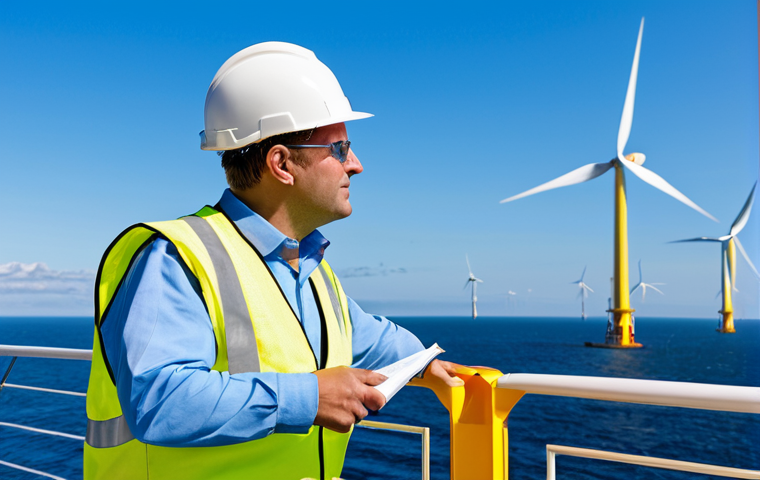 Offshore Wind Farm Engineer**
A professional engineer, fully clothed in appropriate attire (hard hat, safety vest, work boots), inspecting a massive offshore wind turbine during a sunny day. The wind farm is visible in the background, stretching into the distance. Blue skies, clear water, a sense of clean energy and innovation. Perfect anatomy, correct proportions, well-formed hands. Safe for work, appropriate content, family-friendly, professional.
**