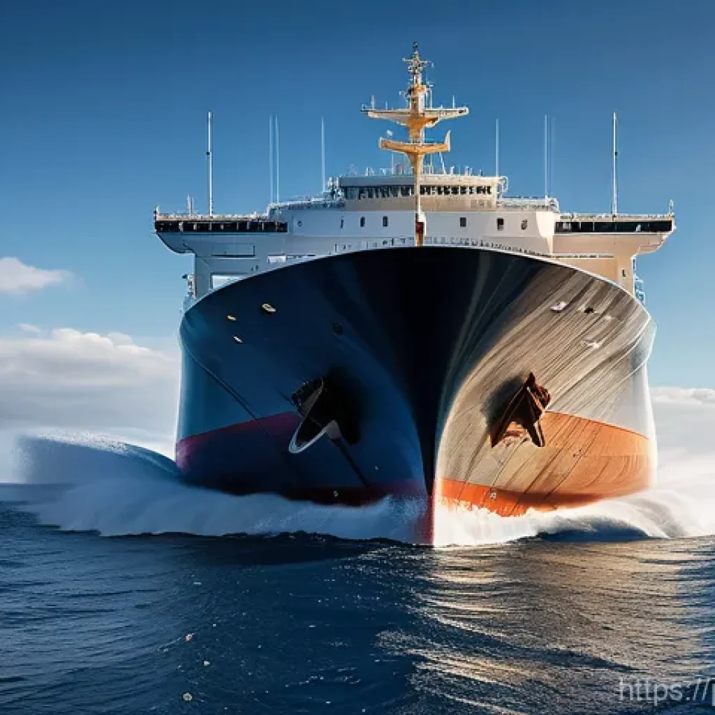 해양공학 해양 공기역학 - **"A majestic cargo vessel gracefully cutting through clear, deep blue ocean water. The focus is on ...