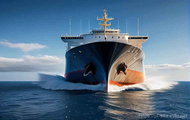 해양공학 해양 공기역학 - **"A majestic cargo vessel gracefully cutting through clear, deep blue ocean water. The focus is on ...
