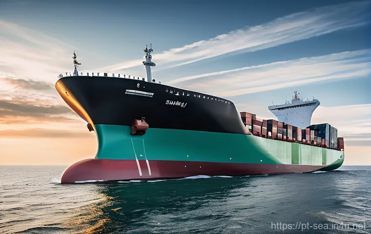 해양공학 해양 공기역학 - **"A majestic cargo vessel gracefully cutting through clear, deep blue ocean water. The focus is on ...