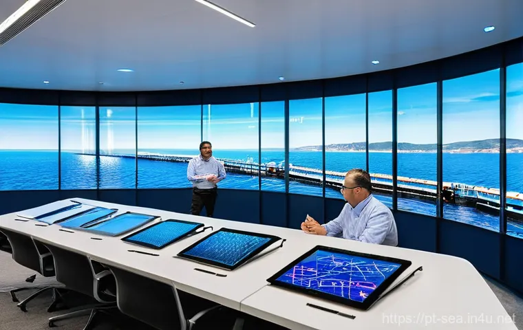 해양공학 해양 구조물 시공 - **Automated Smart Port and Marine Robotics:**
    An intricately detailed scene of a bustling, highl...