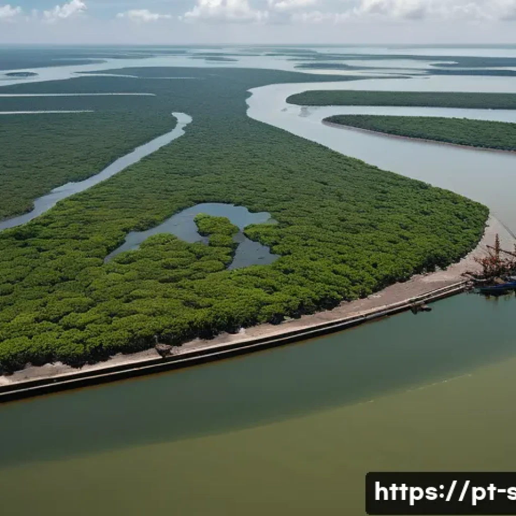 해양공학 해양오염 분석 - A detailed aerial view of a coastal mangrove ecosystem near an industrial port in Brazil, showing vi...