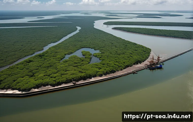 해양공학 해양오염 분석 - A detailed aerial view of a coastal mangrove ecosystem near an industrial port in Brazil, showing vi...