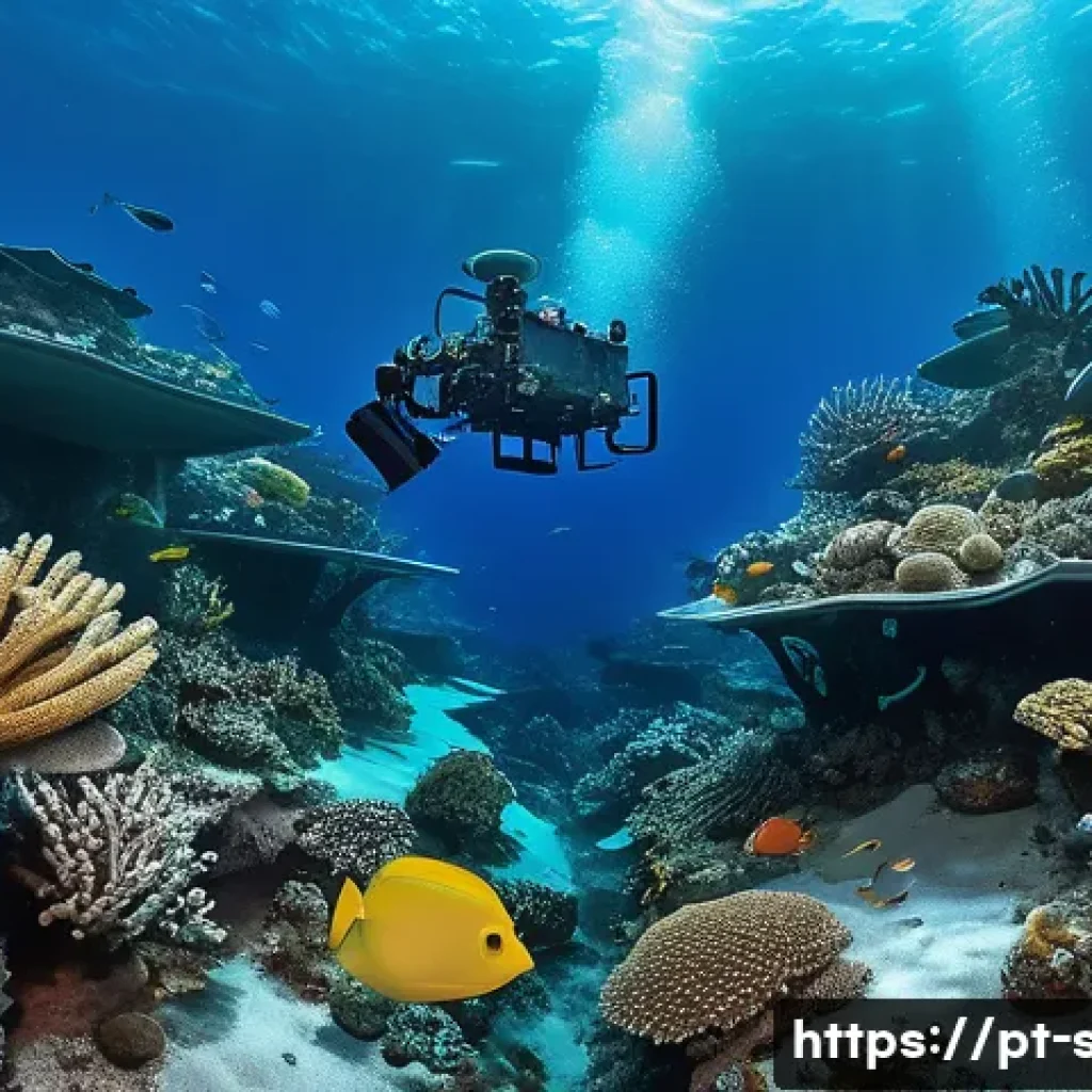 해양공학 해양자원 지속 가능성 - A detailed underwater scene showcasing a remotely operated vehicle (ROV) inspecting a vibrant coral ...