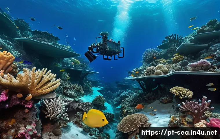 해양공학 해양자원 지속 가능성 - A detailed underwater scene showcasing a remotely operated vehicle (ROV) inspecting a vibrant coral ...