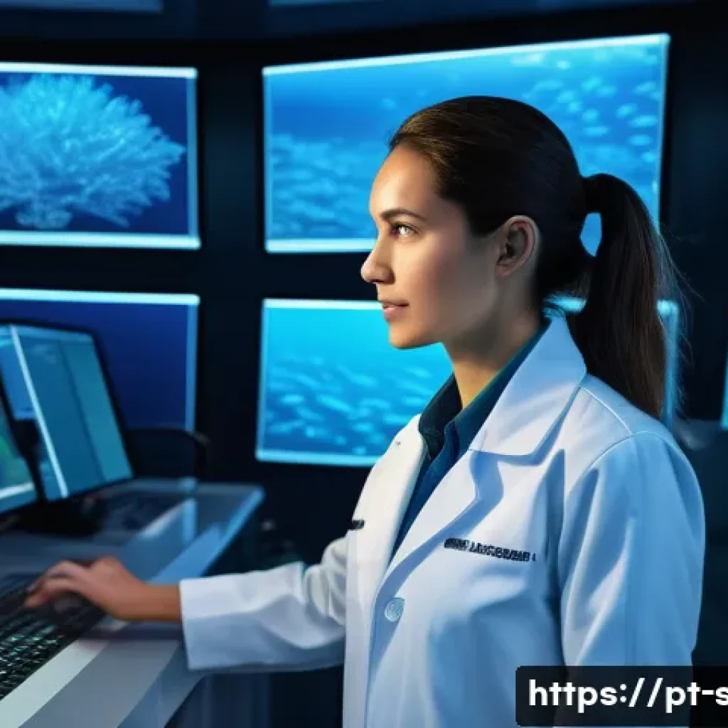 해양공학 해양환경 시뮬레이션 - A highly detailed underwater scene depicting advanced marine ecosystem modeling technology: scientis...