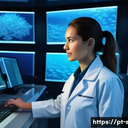 해양공학 해양환경 시뮬레이션 - A highly detailed underwater scene depicting advanced marine ecosystem modeling technology: scientis...