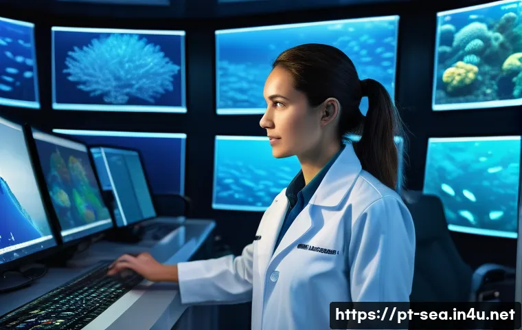 해양공학 해양환경 시뮬레이션 - A highly detailed underwater scene depicting advanced marine ecosystem modeling technology: scientis...