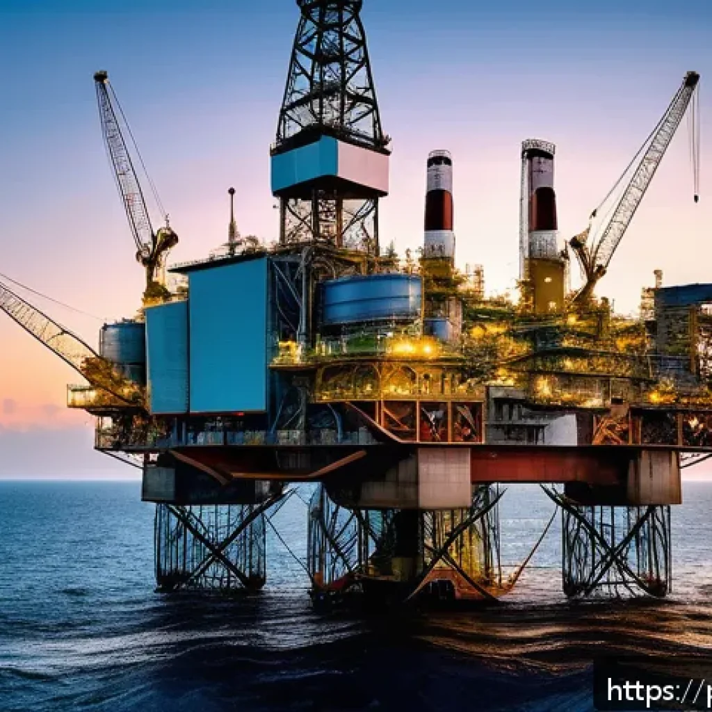 해양공학 해양 천연가스 활용 - Ultra-modern offshore drilling platform in deep Brazilian pre-salt waters during sunset, featuring a...