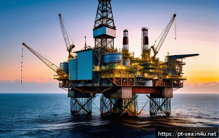 해양공학 해양 천연가스 활용 - Ultra-modern offshore drilling platform in deep Brazilian pre-salt waters during sunset, featuring a...