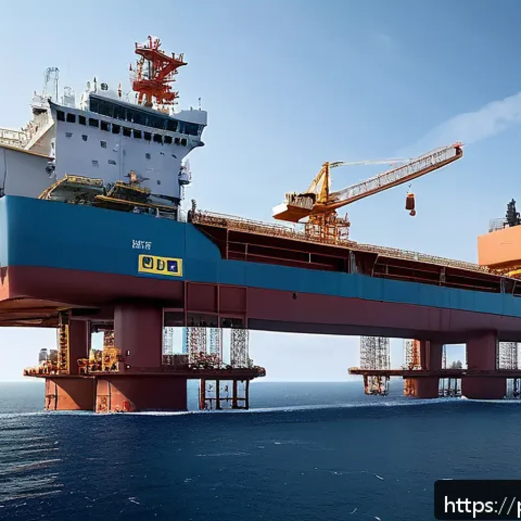 해양공학 해양 법규 분석 - A detailed and realistic illustration of an ocean engineering project site, showing a large offshore...