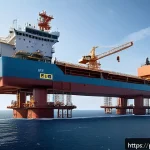 해양공학 해양 법규 분석 - A detailed and realistic illustration of an ocean engineering project site, showing a large offshore...