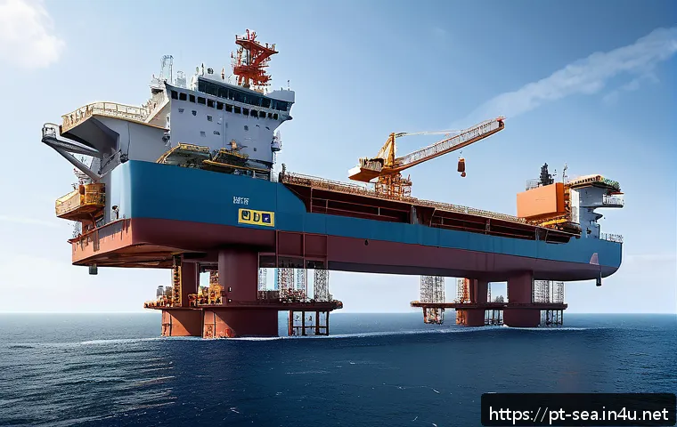 해양공학 해양 법규 분석 - A detailed and realistic illustration of an ocean engineering project site, showing a large offshore...