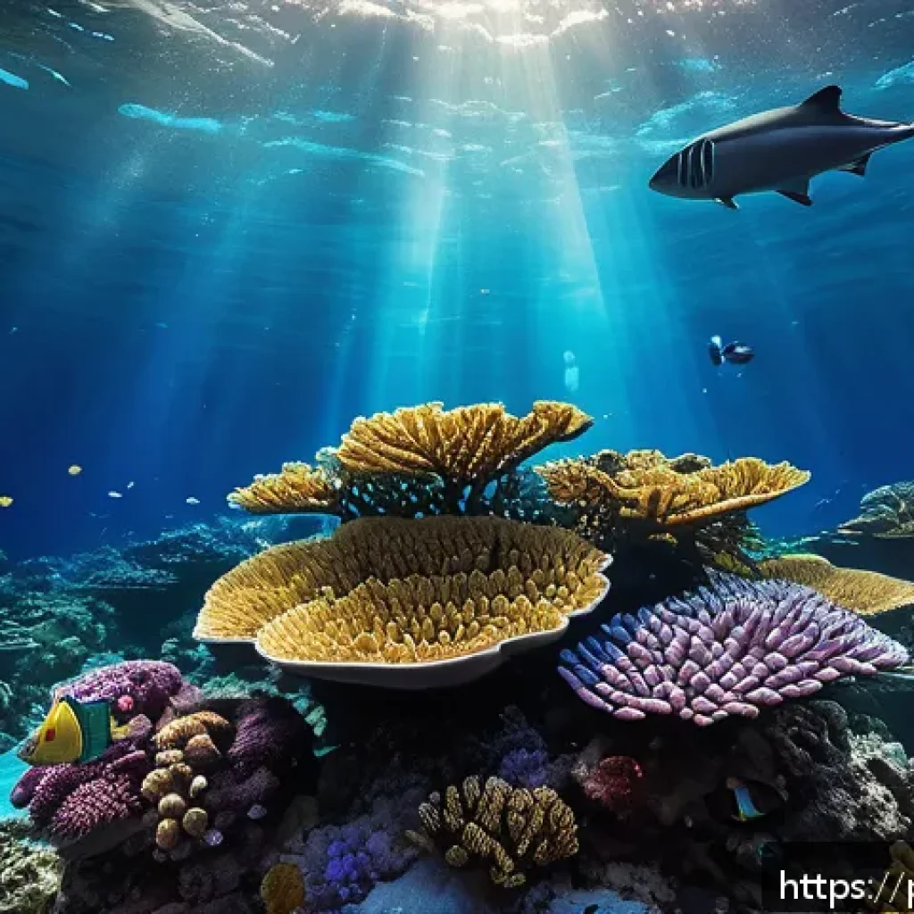 해양공학 해양 생태 복원 - A high-tech underwater scene showcasing intelligent subaquatic sensors anchored to a coral reef, equ...