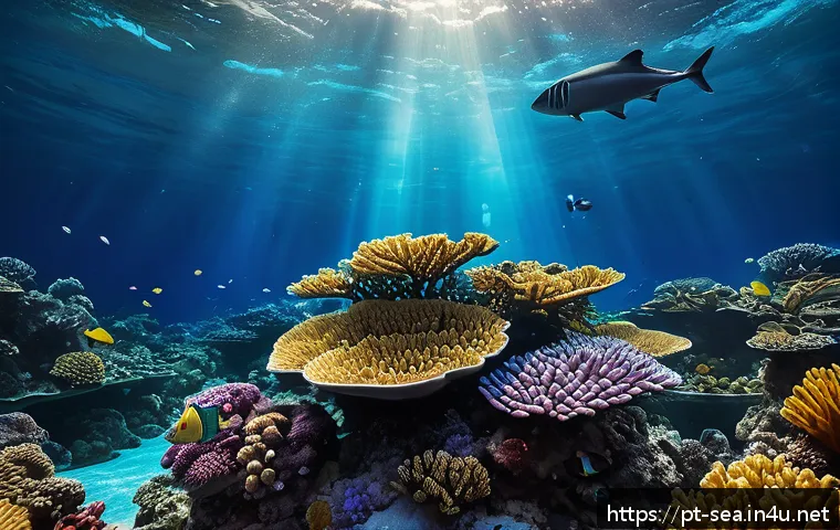 해양공학 해양 생태 복원 - A high-tech underwater scene showcasing intelligent subaquatic sensors anchored to a coral reef, equ...