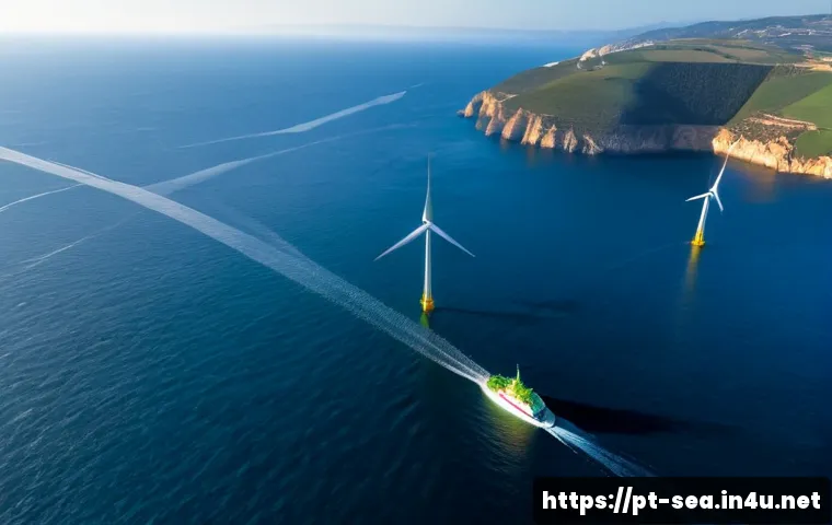 Home 17 해양공학 해양 녹색 기술 - Photorealistic aerial view of a modern offshore wind farm along the Atlantic coast of Portugal, slee...
