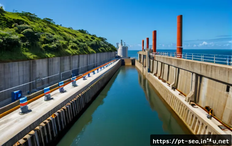 해양공학 해양 배수 기술 - Photorealistic coastal engineering scene in Brazil, modern seawater drainage pumping station beside ...